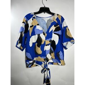 Nine West Linen Blend Blouse Size Small Blue Trendy Geometric Waist‎ Tie V Neck